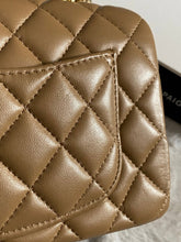 Load image into Gallery viewer, Chanel 22B 2022 Fall/Winter collection Dark Beige Lambskin Top Handle with gold metal plate and antique GHW Mini Rectangular Flap bag
