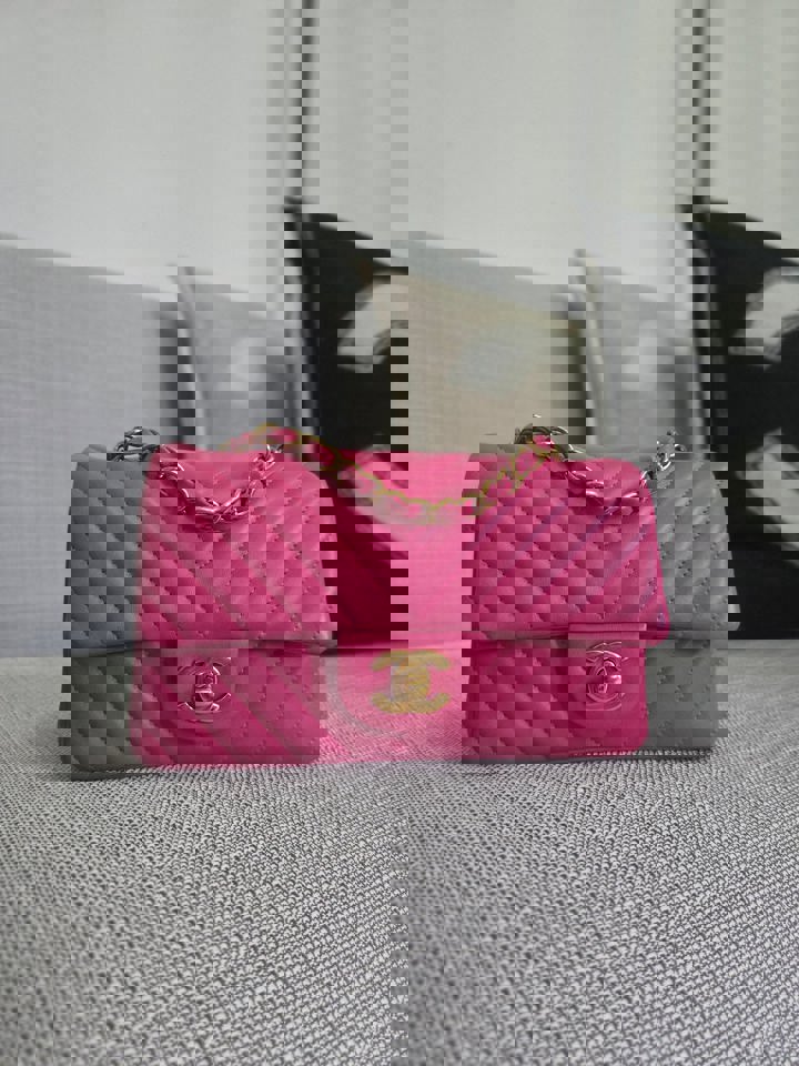 Chanel series 21 Barbie Pink Lambskin Chevron Mini Rectangular Flap Bag with Yellow GHW
