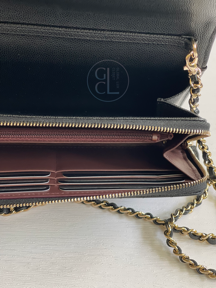 Chanel Wallet with Phone Pouch Clutch with Chain in Black Caviar LGHW