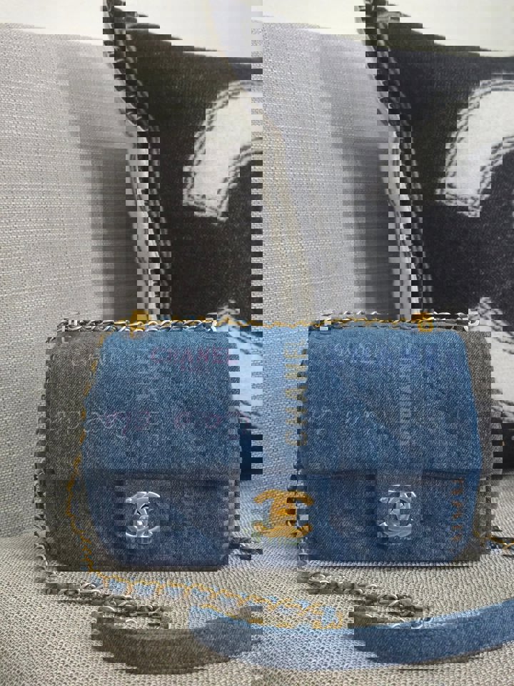 Chanel 22P Blue Denim Mood Flap Bag size Small with aged GHW