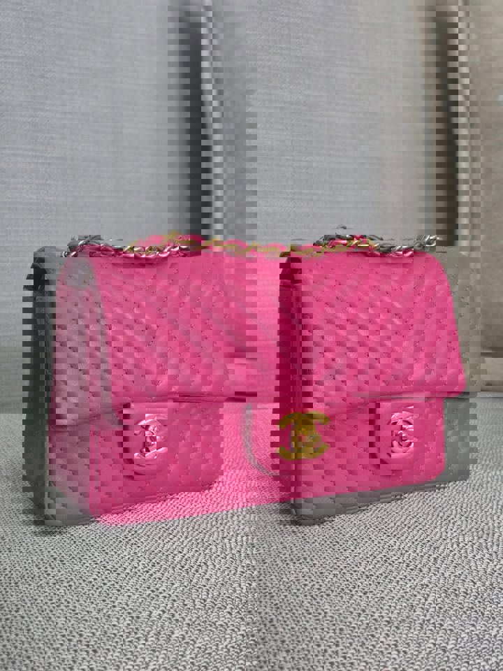 Chanel series 21 Barbie Pink Lambskin Chevron Mini Rectangular Flap Bag with Yellow GHW