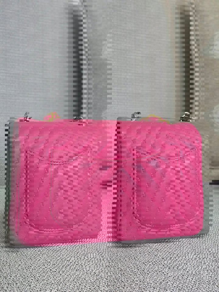 Chanel series 21 Barbie Pink Lambskin Chevron Mini Rectangular Flap Bag with Yellow GHW