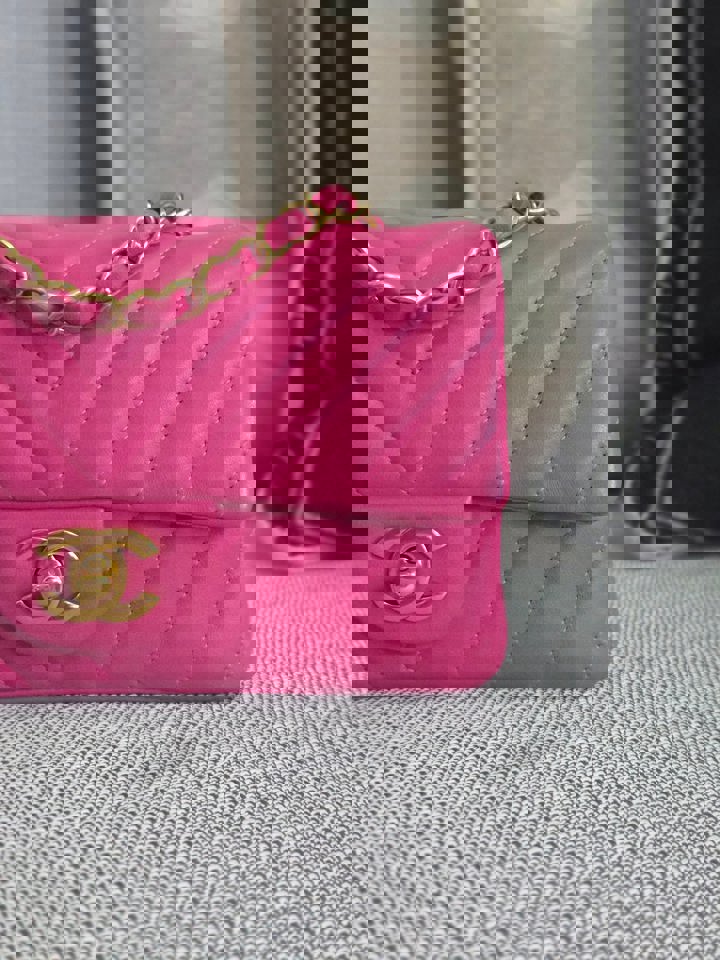 Chanel series 21 Barbie Pink Lambskin Chevron Mini Rectangular Flap Bag with Yellow GHW