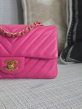 Load image into Gallery viewer, Chanel series 21 Barbie Pink Lambskin Chevron Mini Rectangular Flap Bag with Yellow GHW
