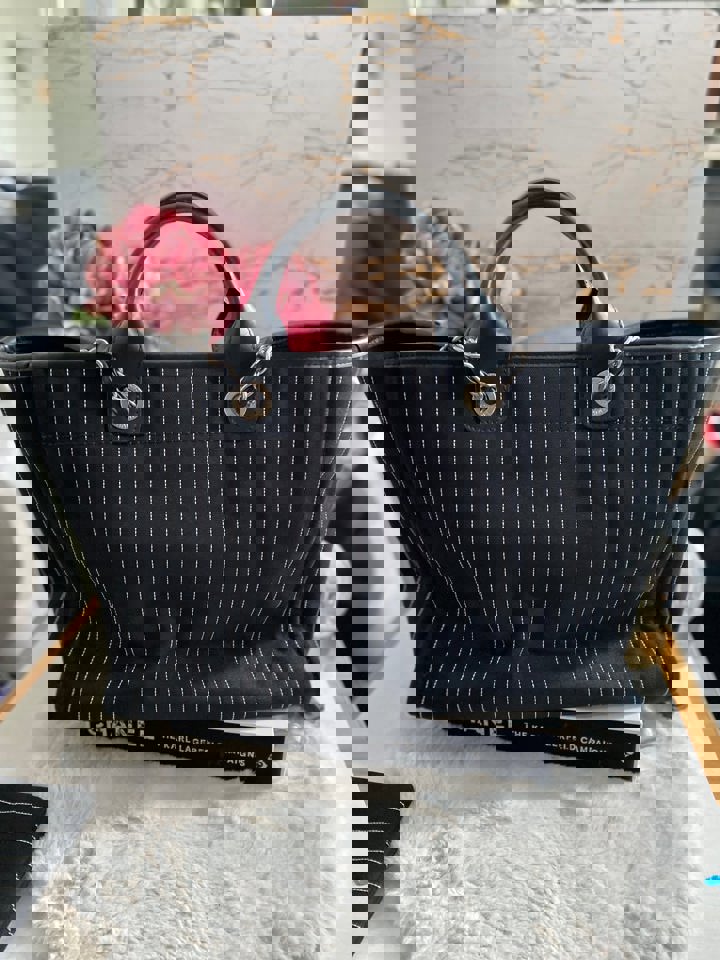 Chanel 23P 2023 collection in Black/White Stripe Canvas Deauville Tote with Top Handle and detachable pouch size Medium (15 inches)