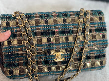 Load image into Gallery viewer, Chanel Turquoise Gold Tweed Classic Medium ML double flap bag from 19A collection Ancient Egypt
