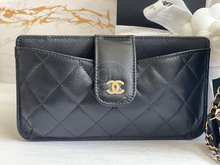 Chanel Wallet with Phone Pouch Clutch with Chain in Black Caviar LGHW