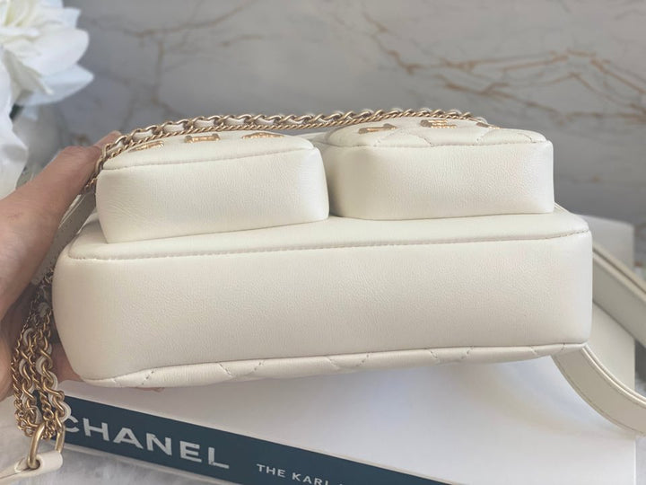 Chanel 22C White Calfskin GHW Small Camera Case Bag with Adjustable Strap