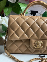 Load image into Gallery viewer, Chanel 22B 2022 Fall/Winter collection Dark Beige Lambskin Top Handle with gold metal plate and antique GHW Mini Rectangular Flap bag
