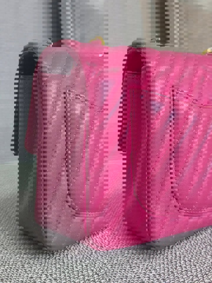 Chanel series 21 Barbie Pink Lambskin Chevron Mini Rectangular Flap Bag with Yellow GHW