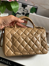 Load image into Gallery viewer, Chanel 22B 2022 Fall/Winter collection Dark Beige Lambskin Top Handle with gold metal plate and antique GHW Mini Rectangular Flap bag
