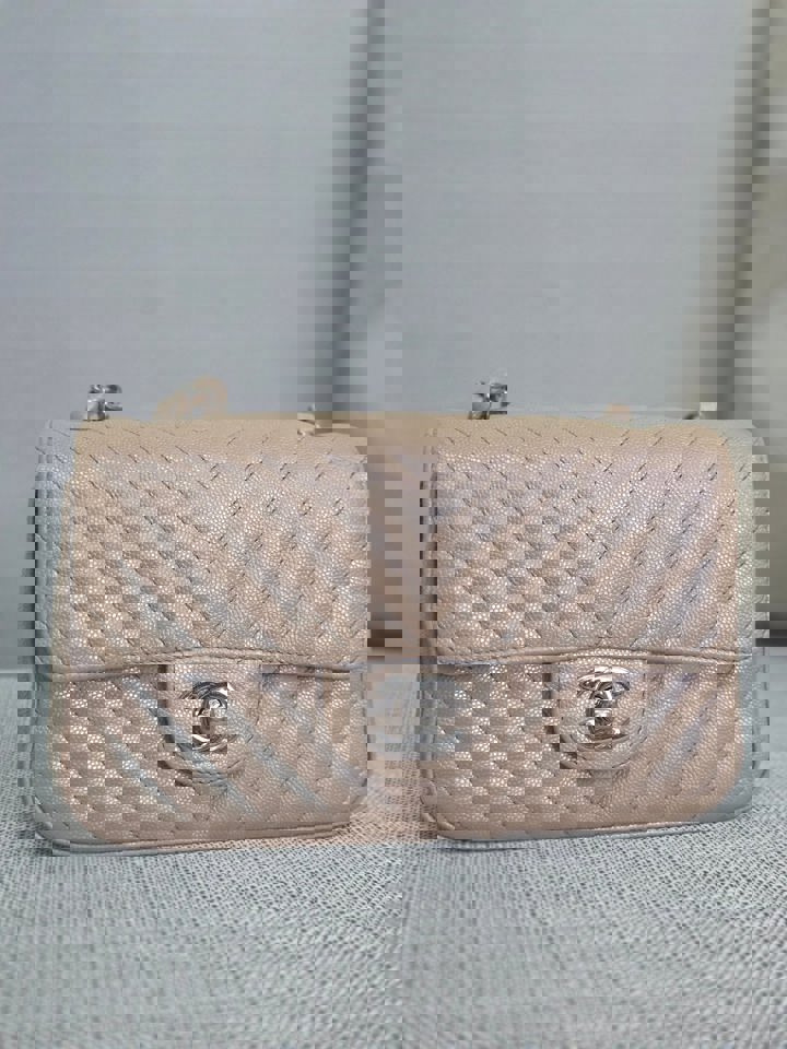 Chanel series 24 17B 2017 Fall/Winter Collection Iridescent Rose Gold Caviar Silver hardware Chevron Mini Rectangular Flap Bag