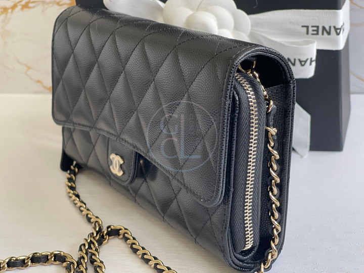 Chanel Wallet with Phone Pouch Clutch with Chain in Black Caviar LGHW
