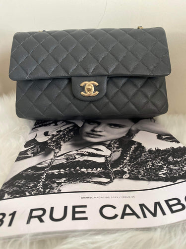 CHANEL Caviar Quilted Medium Double Flap Grey 212974