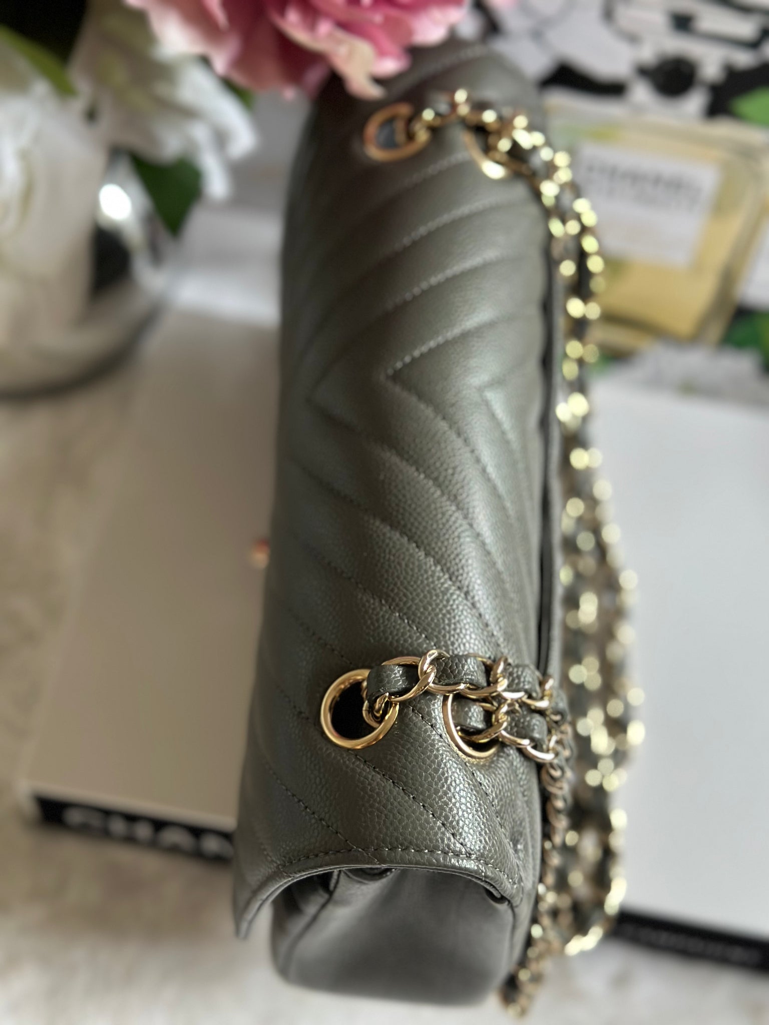 Chanel 20B Collection Grey Caviar Chevron LGHW Medium ML double