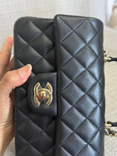 Load image into Gallery viewer, Chanel Black Lambskin Mini Rectangular Flap Bag with Top Handle and Champagne GHW
