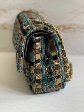 Load image into Gallery viewer, Chanel Turquoise Gold Tweed Classic Medium ML double flap bag from 19A collection Ancient Egypt
