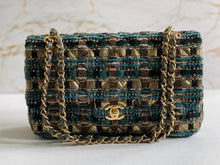 Load image into Gallery viewer, Chanel Turquoise Gold Tweed Classic Medium ML double flap bag from 19A collection Ancient Egypt
