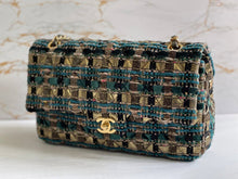 Load image into Gallery viewer, Chanel Turquoise Gold Tweed Classic Medium ML double flap bag from 19A collection Ancient Egypt
