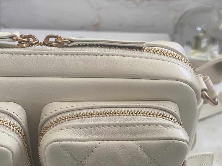 Chanel 22C White Calfskin GHW Small Camera Case Bag with Adjustable Strap