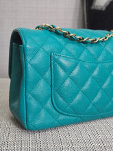 Load image into Gallery viewer, Chanel series 23 17C 2016/2017 Cruise Collection Turquoise Caviar Champagne GHW Classic Mini Rectangular Flap Bag with Edge stitching
