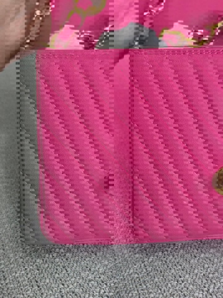 Chanel series 21 Barbie Pink Lambskin Chevron Mini Rectangular Flap Bag with Yellow GHW