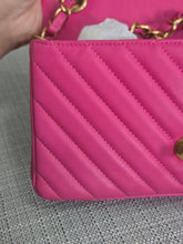 Load image into Gallery viewer, Chanel series 21 Barbie Pink Lambskin Chevron Mini Rectangular Flap Bag with Yellow GHW

