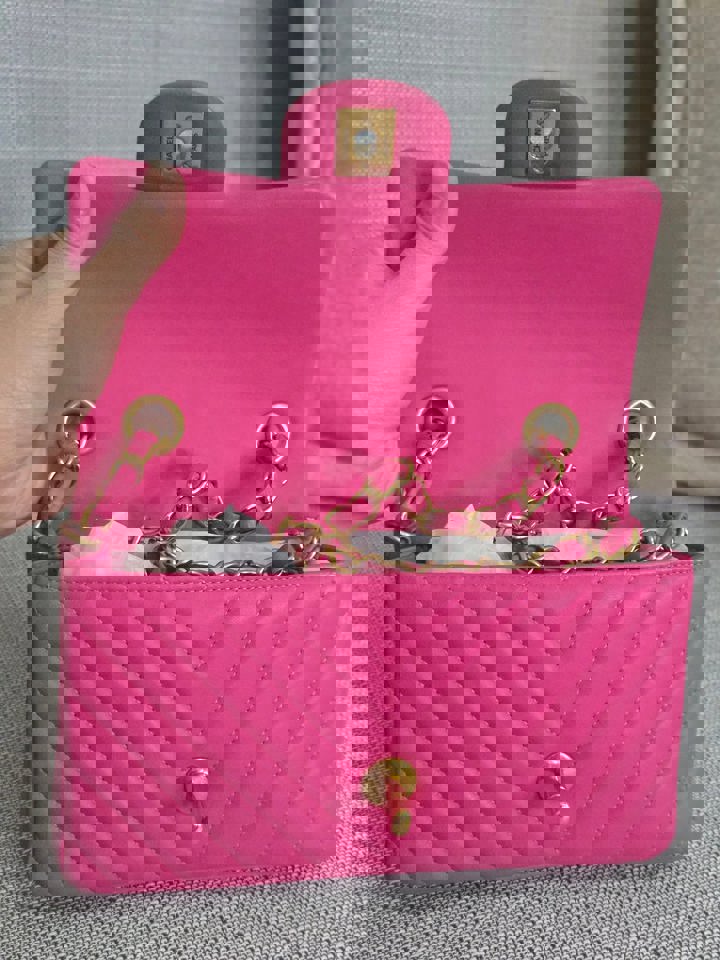 Chanel series 21 Barbie Pink Lambskin Chevron Mini Rectangular Flap Bag with Yellow GHW