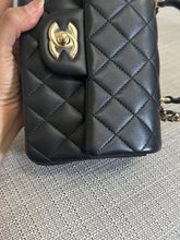 Load image into Gallery viewer, Chanel Black Lambskin Mini Rectangular Flap Bag with Top Handle and Champagne GHW
