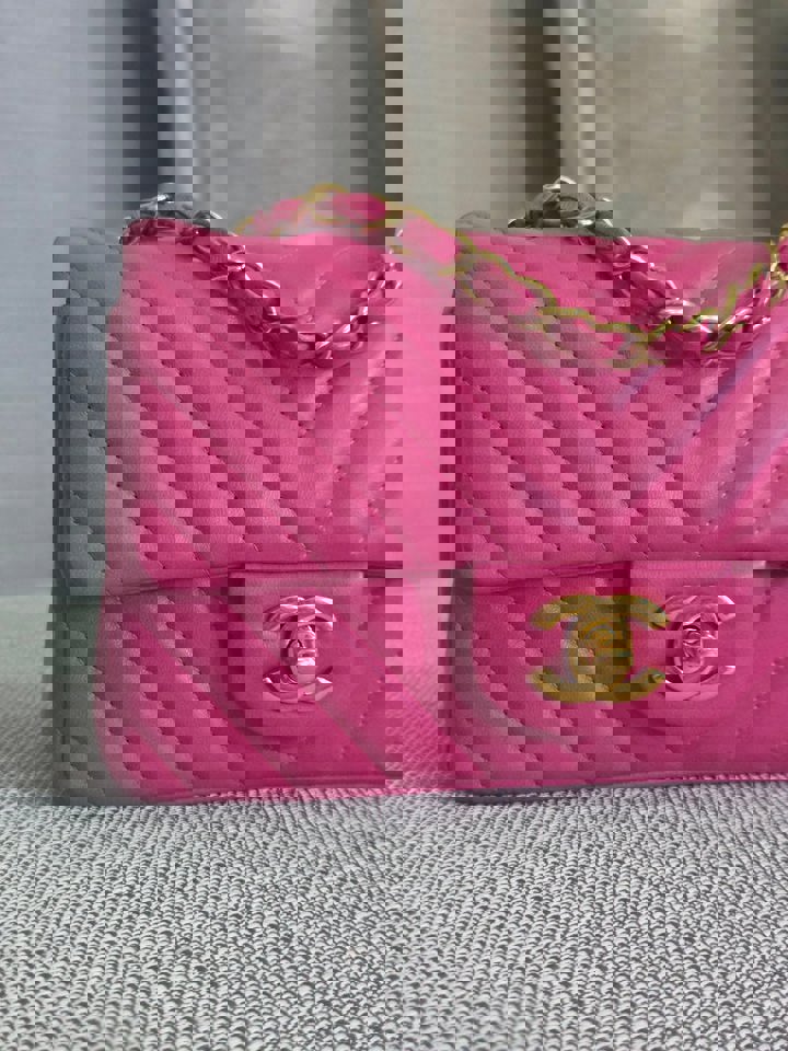 Chanel series 21 Barbie Pink Lambskin Chevron Mini Rectangular Flap Bag with Yellow GHW