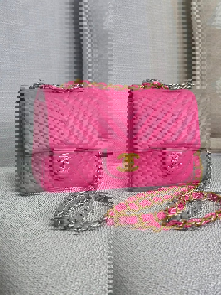 Chanel series 21 Barbie Pink Lambskin Chevron Mini Rectangular Flap Bag with Yellow GHW