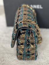 Load image into Gallery viewer, Chanel Turquoise Gold Tweed Classic Medium ML double flap bag from 19A collection Ancient Egypt
