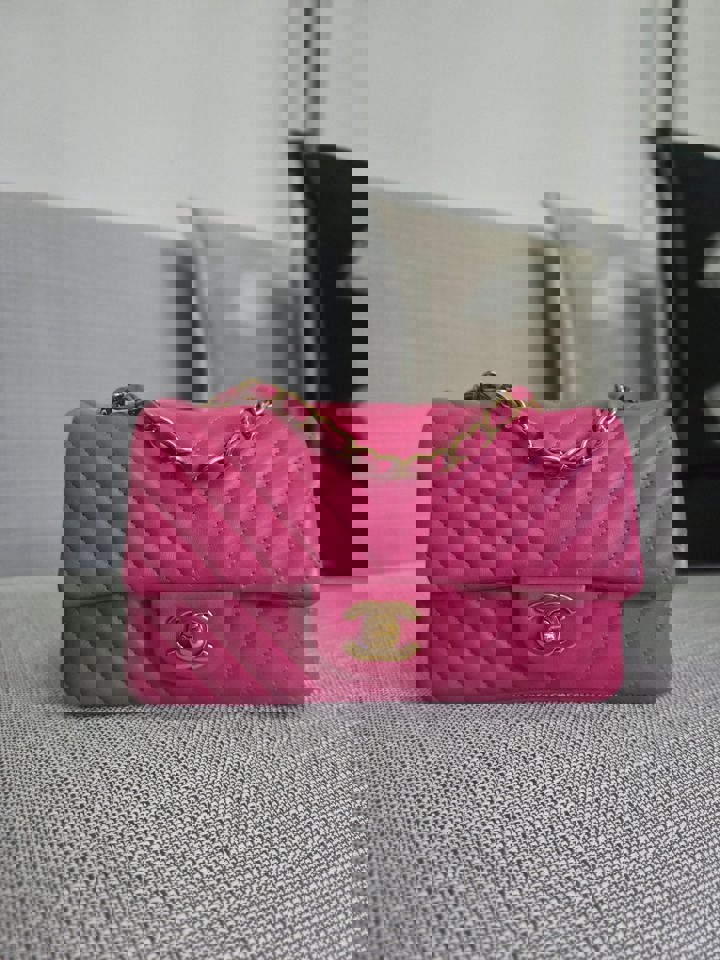 Chanel series 21 Barbie Pink Lambskin Chevron Mini Rectangular Flap Bag with Yellow GHW