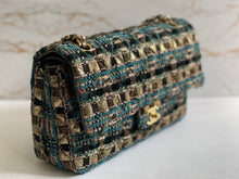 Load image into Gallery viewer, Chanel Turquoise Gold Tweed Classic Medium ML double flap bag from 19A collection Ancient Egypt
