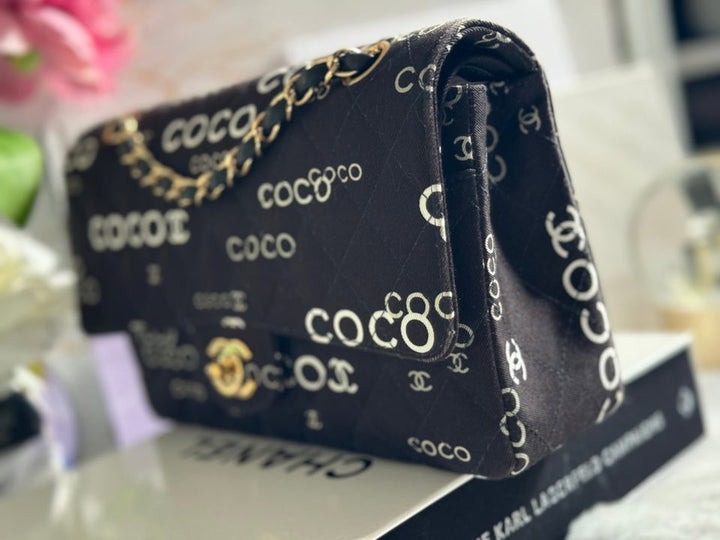 Chanel series 7 2002/2003 Black Canvas Quilted COCO Medium Classic Flap Light Gold Hardware