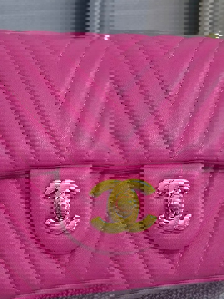 Chanel series 21 Barbie Pink Lambskin Chevron Mini Rectangular Flap Bag with Yellow GHW