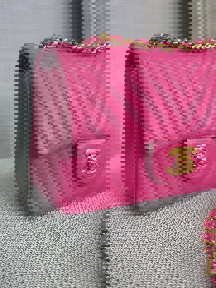 Chanel series 21 Barbie Pink Lambskin Chevron Mini Rectangular Flap Bag with Yellow GHW