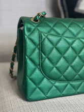 Load image into Gallery viewer, Chanel series 25 18S 2018 Spring/Summer Collection Pearly Emerald Green Caviar Champagne GHW Jumbo Timeless Classic Double Flap Bag
