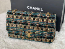 Load image into Gallery viewer, Chanel Turquoise Gold Tweed Classic Medium ML double flap bag from 19A collection Ancient Egypt
