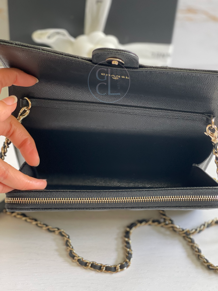 Chanel Wallet with Phone Pouch Clutch with Chain in Black Caviar LGHW