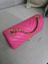 Load image into Gallery viewer, Chanel series 21 Barbie Pink Lambskin Chevron Mini Rectangular Flap Bag with Yellow GHW
