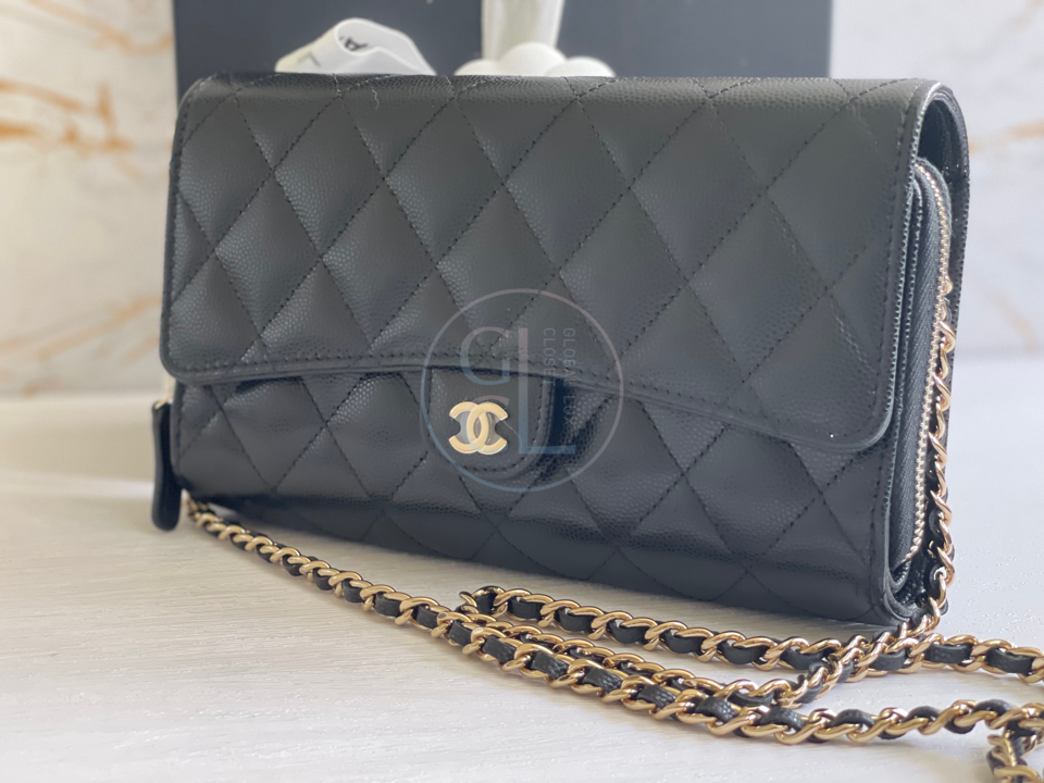 Chanel Wallet with Phone Pouch Clutch with Chain in Black Caviar LGHW
