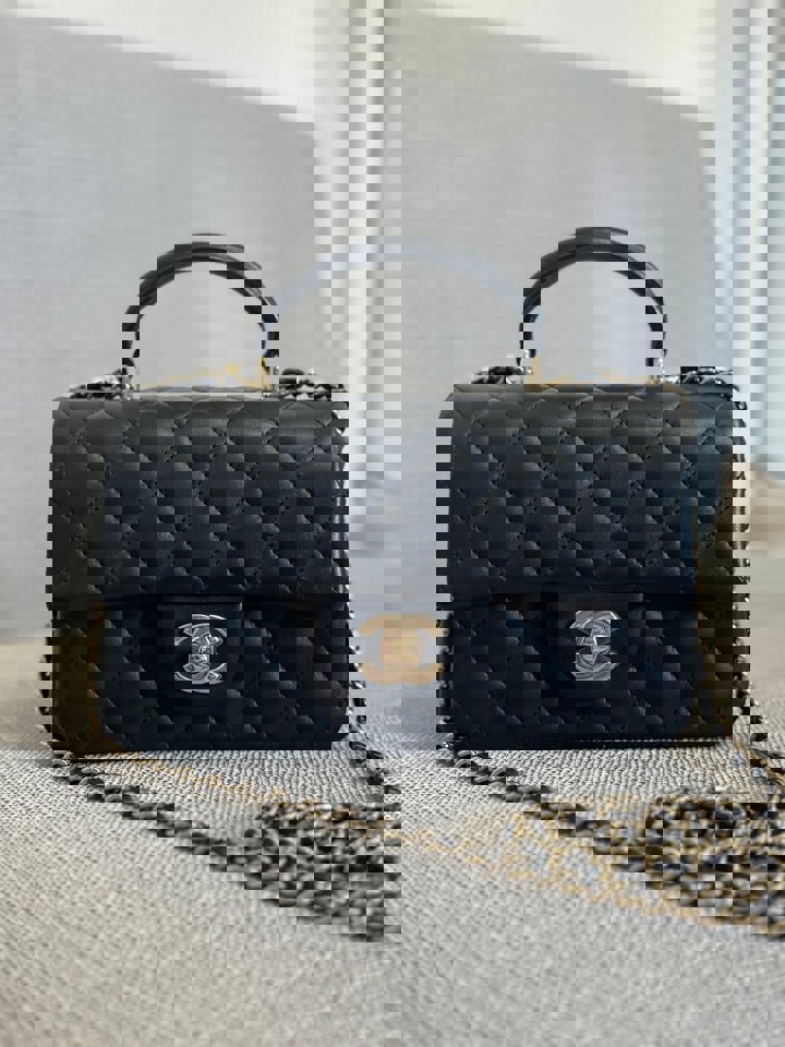 Chanel Black Lambskin Mini Rectangular Flap Bag with Top Handle and Champagne GHW