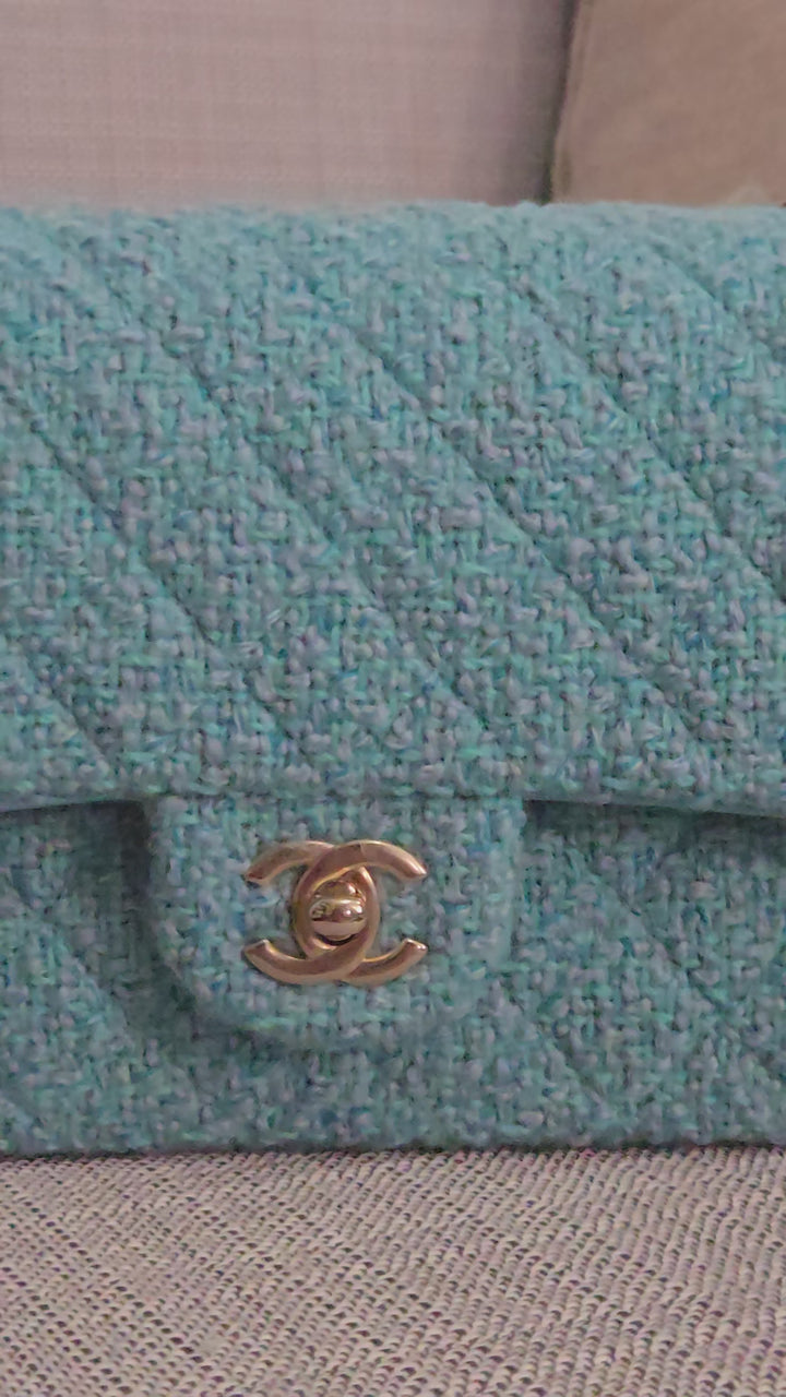 Chanel 22B 2022 Fall/Winter Collection Turquoise Blue Tweed Medium ML Timeless Classic Double Flap Bag with Champagne GHW