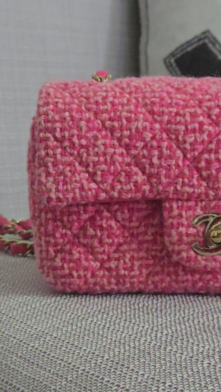 Chanel 22B 2022 Fall/Winter Fuchsia/Light Pink/Dark Pink Tweed Mini Rectangular Flap Bag with Champagne GHW