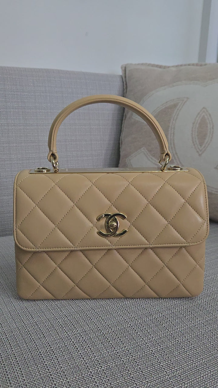 Chanel series 26 2018 Beige Lambskin Trendy CC Flap Bag with Top Handle Size Small with Champagne GHW and detachable Shoulder strap