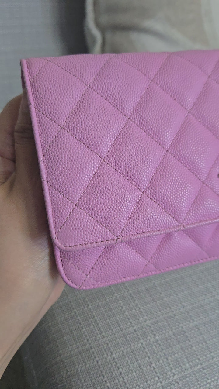 Chanel 23P Collection 2023 Mauve undertone Pink Caviar Champagne GHW Classic Wallet on chain (WOC)
