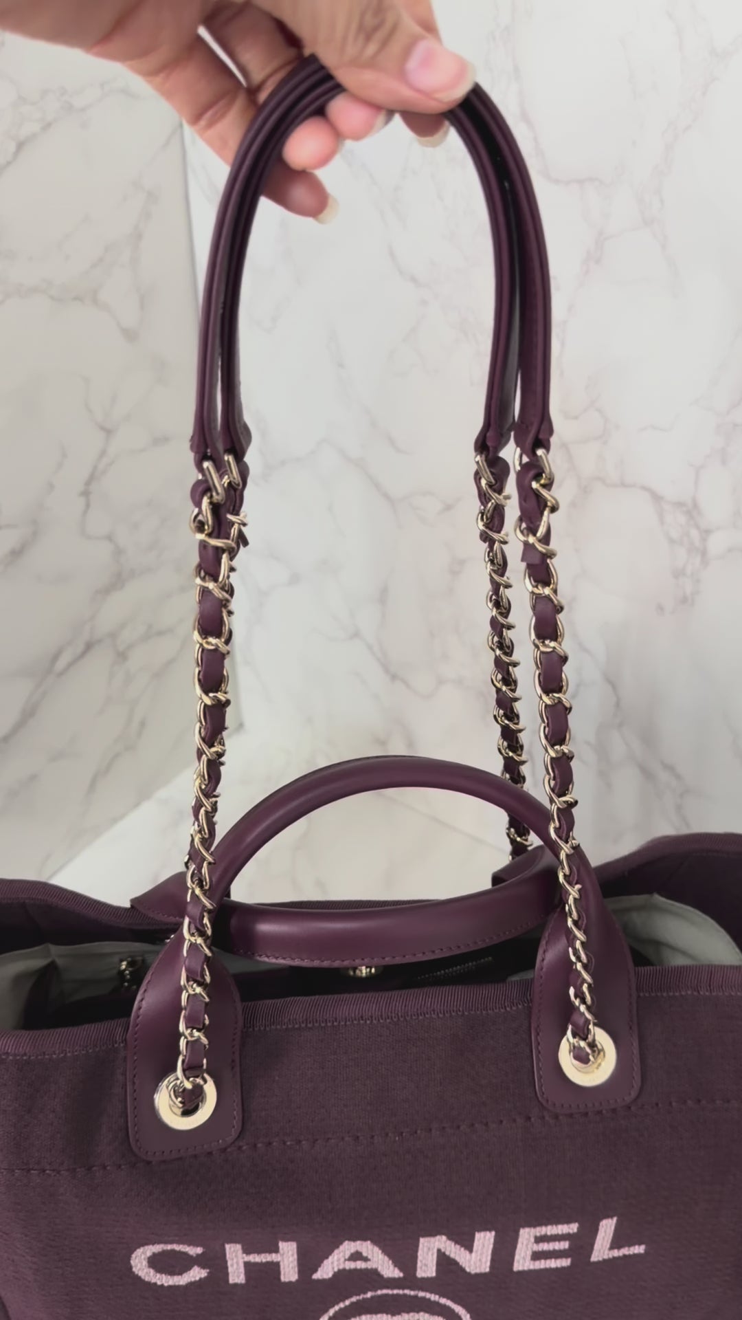 Chanel 24B Collection 2024 Burgundy Tweed Deauville Tote with Leather top handle size small and Detachable pouch