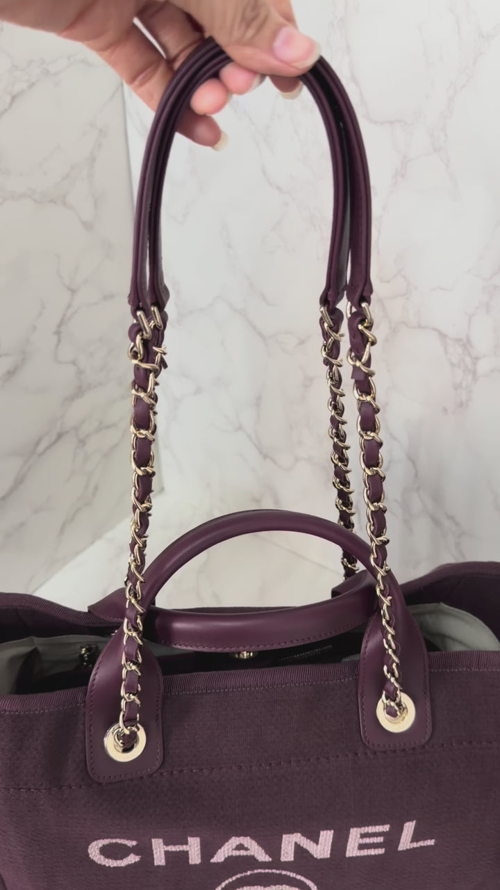 Chanel 24B Collection 2024 Burgundy Tweed Deauville Tote with Leather top handle size small and Detachable pouch