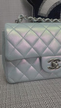 Load and play video in Gallery viewer, Chanel 21K collection 2021 Iridescent Light Blue Calf skin SHW Mini Rectangular Flap Bag
